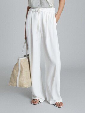 REISS Raya Wide Leg Crepe Trousers White Satin Crepe Size 6 NWOT